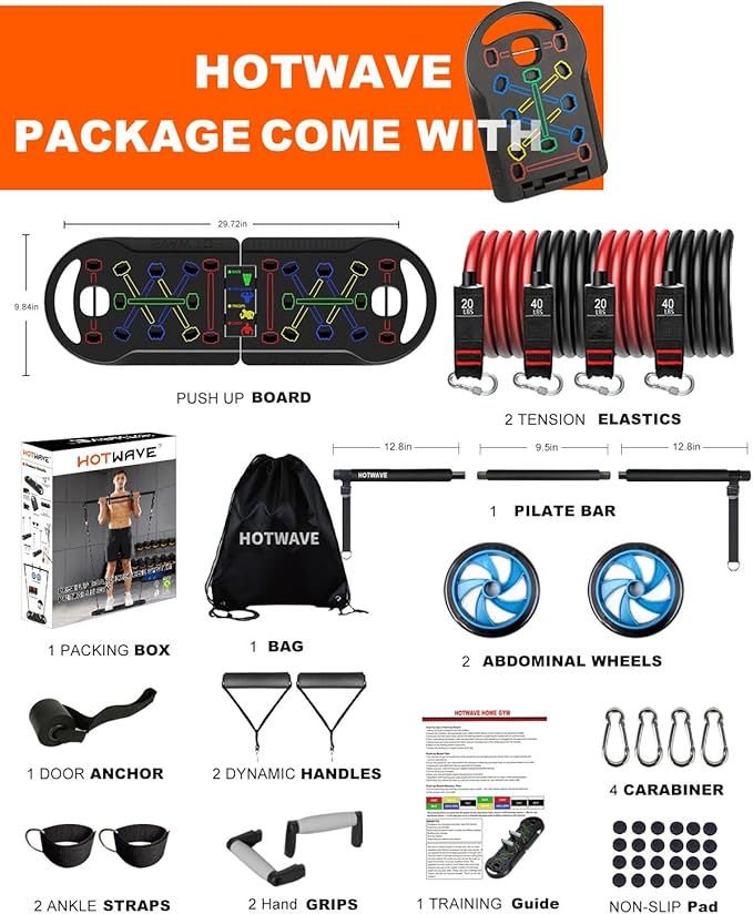 HOTWAVE Portable Exercise Equipment with 16 Gym Accessories.20 in 1 Push Up Board Fitness,Resistance Bands with Ab Roller Wheel,Full Body Workout at Home-FlexoryFit