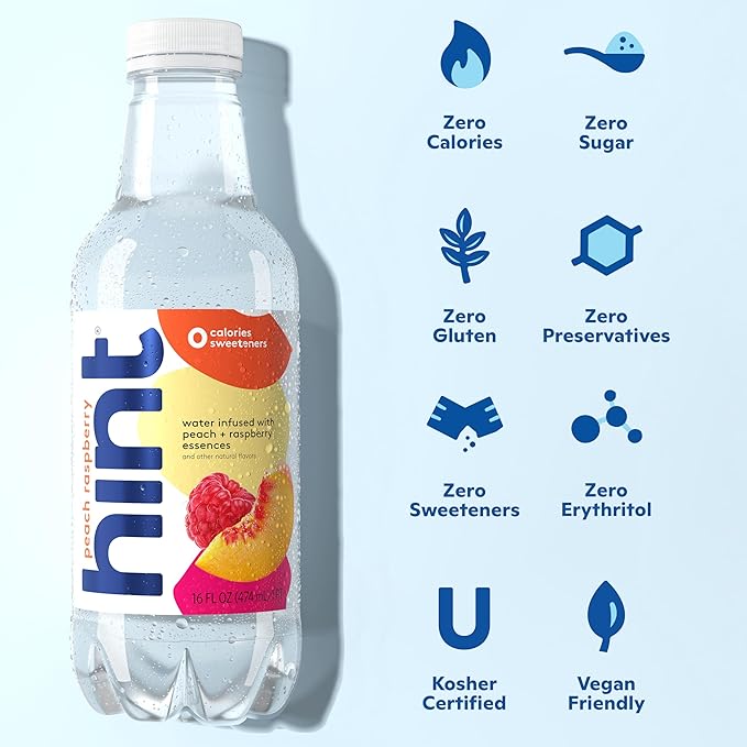 Hint Fruit-Infused Bottled Water, Peach Raspberry - Sugar Free Flavored Water with Zero Calories, Naturally Flavored, and No Artificial Sweeteners - 16 Fl Oz (Pack of 12)-FlexoryFit
