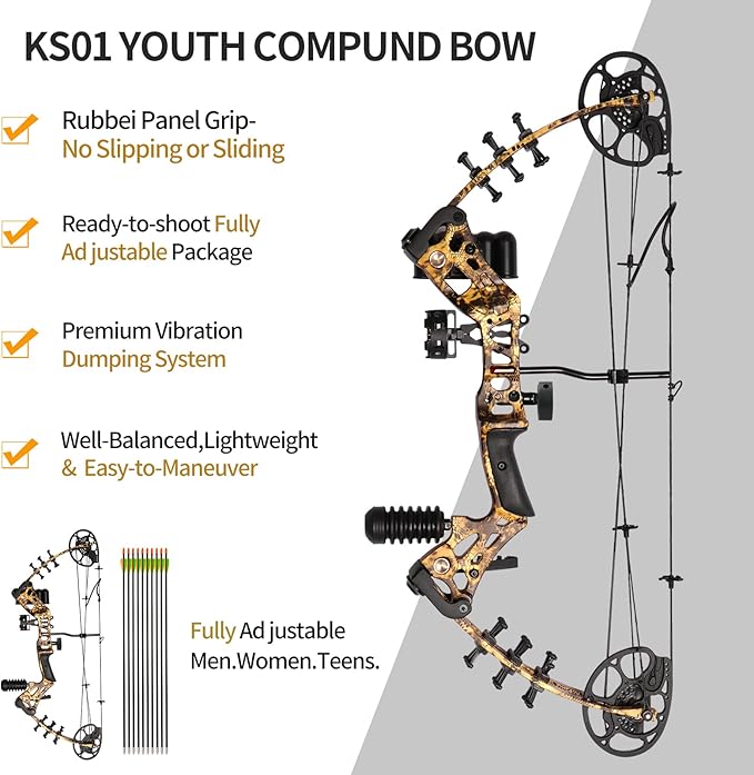 Youth Compound Bow Set 15-45 Lbs for Teens and Beginner, Package with Archery Hunting Equipment, Max Speed 260fps, Adjustable, Right Hand