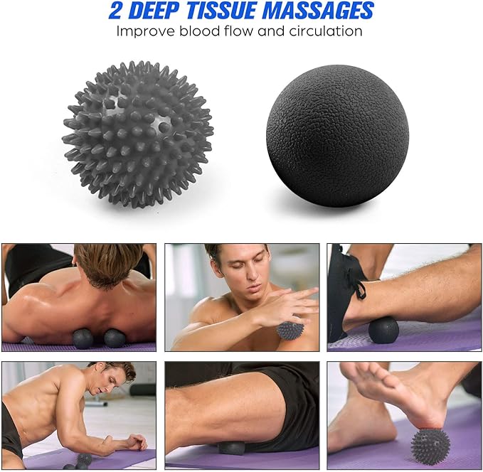 Odoland Foam Roller Set with 360° Trigger Point Massage Roller, Muscle Roller Stick, Y Shaped Handheld Roller, 2 Massage Ball for Leg, Arms, Muscle Myofascial and Deep Tissue Pain Relief, Black-FlexoryFit