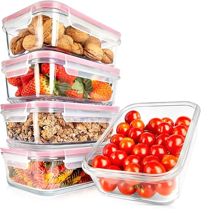 Nutrichef 10-Piece Glass Food Containers - Stackable Superior Glass Meal-prep Storage Containers, Newly Innovated Leakproof Locking Lids w/Air Hole, Freezer-to-Oven-Safe (Red)-FlexoryFit