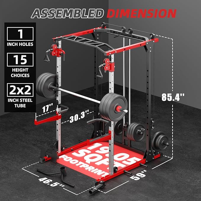 Smith Machine, Power Rack with LAT Pulldown System, Power Cage with Cable System, Squat Rack for Home Gym with Chest Press Machine, Spotter Arms, Leg Curl Attachment and More