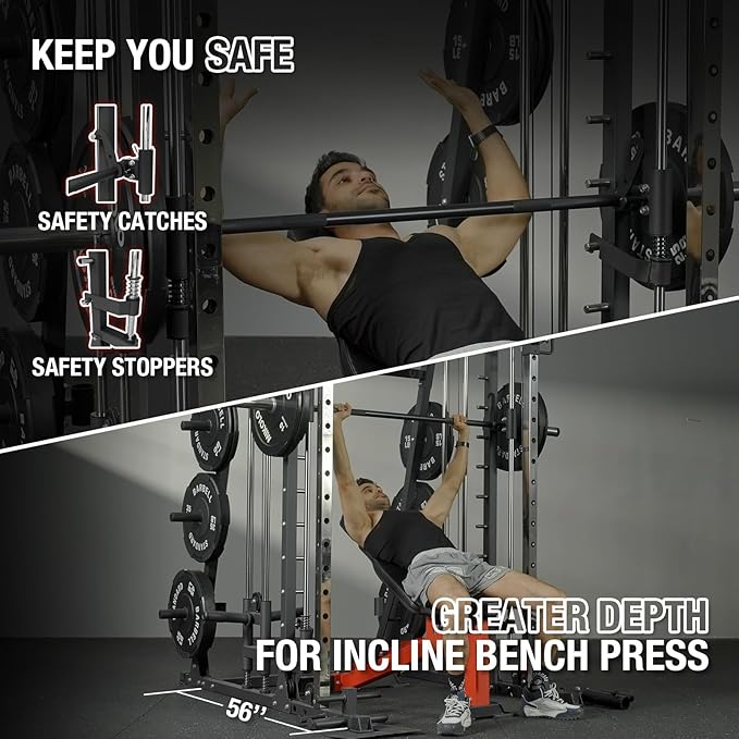 Mikolo Smith Machine, 2200lbs Squat Rack with LAT-Pull Down System & Cable Crossover Machine, Training Equipment with Leg Hold-Down Attachment-FlexoryFit