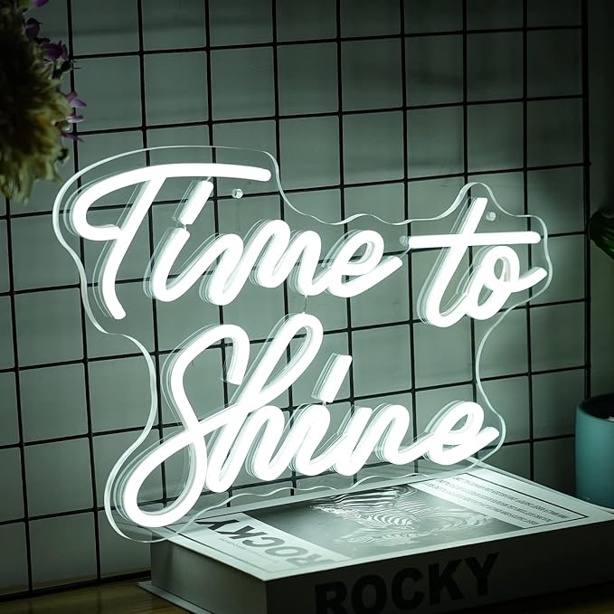 Time To Shine Neon Sign White Led Sign Time To Shine Neon Lights Decor for Lover Dimmable Letter Neon Wall Signs USB Powered with Switch Neon Signs for Wall Decor Party Wedding(16.5’’X10.2’’)