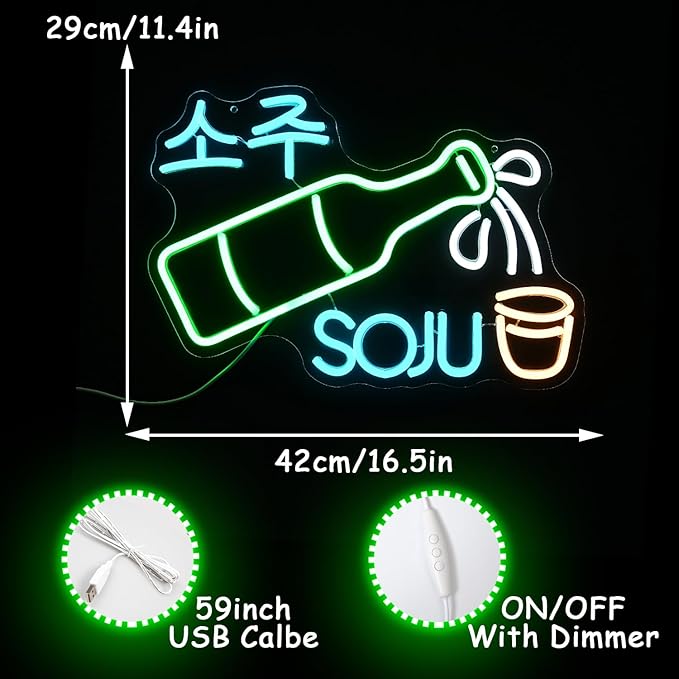 Soju Neon Sign Korean Soju Neon Light Soju Colorful LED Neon Light Korean Led Neon Sign for Bar Korean Restaurant Kitchen Restaurant Wine Cellar Decoration