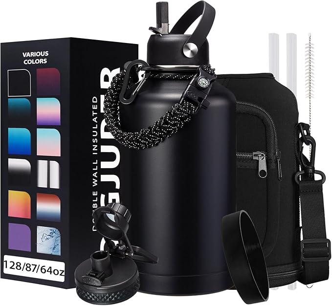 Insulated Water Bottle 64oz - w/Paracord Handle, Straw & Spout Lids, Carrier Bag, Half Gallon Sport Stainless Steel Water Flask Jug, Thermo Mug Double-wall Vacuum Water Bottle-FlexoryFit