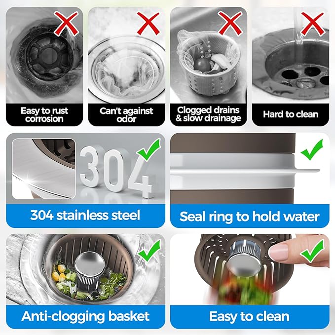 Upgraded 3in1 Kitchen Sink Drain Strainer & Sink Stopper, Stainless Steel Kitchen Drain Plug & Cover with Anti-Clogging Basket Strainer, Fit US Standard 3-1/2'' Sink Drain Hole, Brown