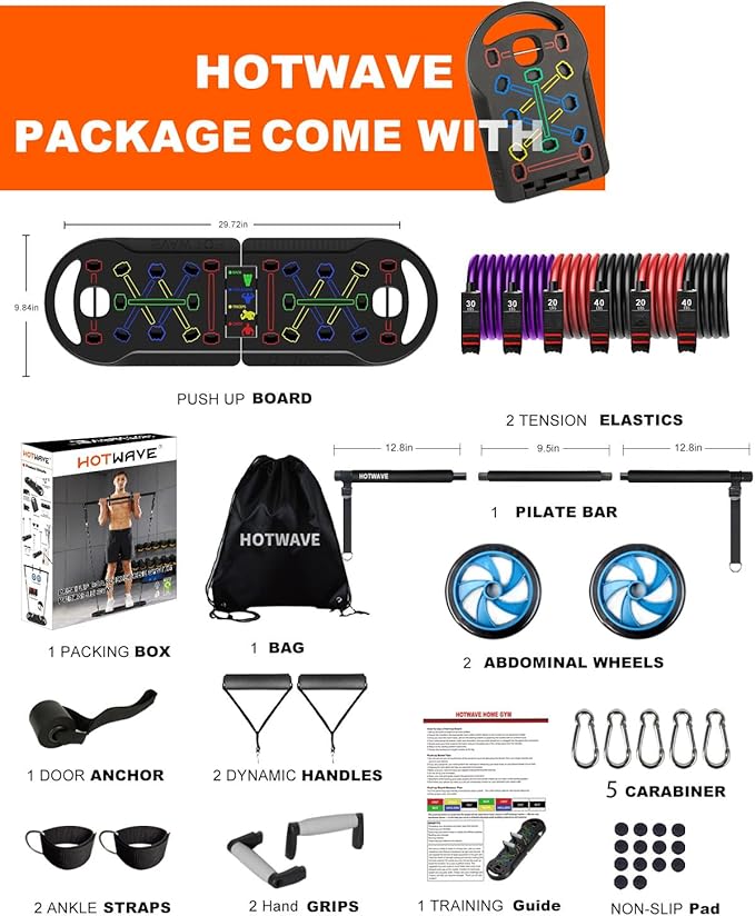 HOTWAVE Portable Exercise Equipment with 16 Gym Accessories.20 in 1 Push Up Board Fitness,Resistance Bands with Ab Roller Wheel,Full Body Workout at Home-FlexoryFit