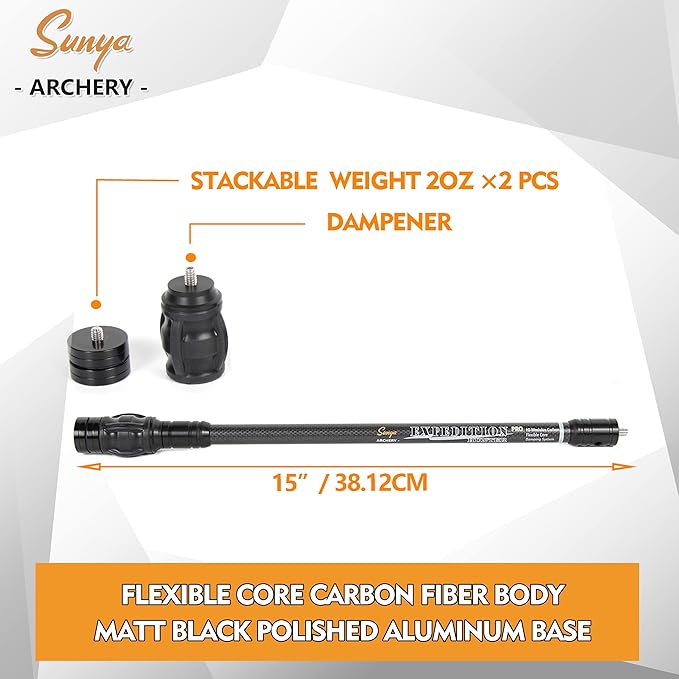 SUNYA Archery Bow Stabilizer for Compound Bow, Carbon Fiber Body Flexible Core, Damping System and Weights Kit, 8",10",12" 15" in Expedition Series