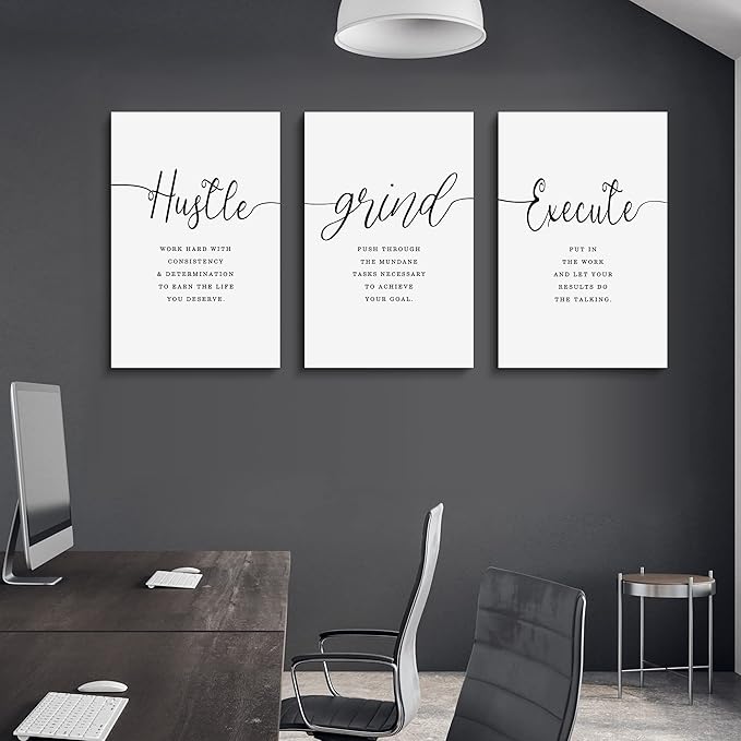 EPHANY Inspirational Wall Art - Large Office Wall Decor Painting, Hustle Grind Execute Quotes, office wall art,working room wall decor, gift for boss (H-3pcs,24x36inchx3pcs)-FlexoryFit
