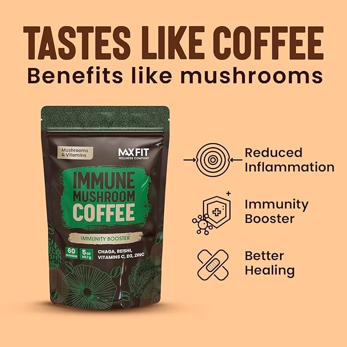 Immunity Mushroom Coffee (60 Servings) Mental Focus Plus Wellness Boost for Immune System Support - Chaga, Reishi & Vitamins C, D3, and Zinc, Mixed with Gourmet 100% Arabica Instant Coffee-FlexoryFit