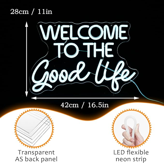 Welcome To The Good Life Neon Sign Letter LED Neon Lights Dimmable USB Powered 16.5’’X11’’Cool Wall Decorative Light Bedroom Kids Room Birthday Party Bar Decoration Gifts for Friend(Ice blue)
