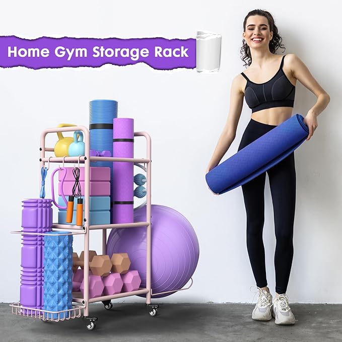 Home Gym Storage Rack Exercise Equipment Storage Organizer for Yoga Mat Dumbbells Kettlebells Foam Roller Yoga Strap & Resistance Bands, Ideal Yoga Mat Holder & Workout Equipment Organizer-FlexoryFit