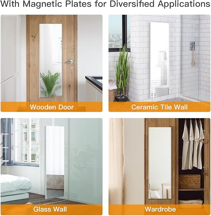 63"x20" Magnetic Mirror Lightweight Full-Length Mirror | Strong Adhesion, Easy Installation | Suitable for Refrigerators, Glass Walls, Wooden Doors, and More | 2.8LBS Ultra-Strong Support, White-FlexoryFit