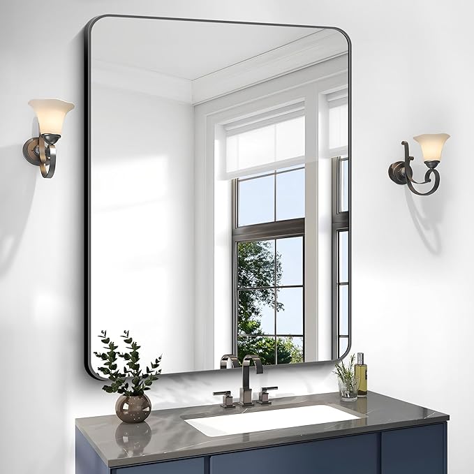 36x48 inch Bathroom Mirror,Black Rectangle Mirror,Wall Mounted Bathroom Frame Vanity Mirror with Round Corner for Bedroom Living Room, Entryway Hangs Horizontal or Vertical-FlexoryFit