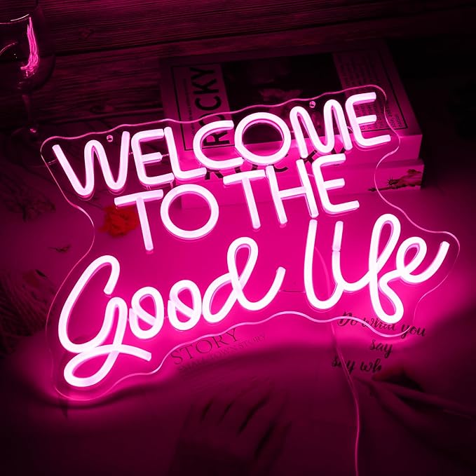 Welcome To The Good Life Neon Sign Letter LED Neon Lights Dimmable USB Powered 16.5’’X11’’Cool Wall Decorative Light Bedroom Kids Room Birthday Party Bar Decoration Gifts for Friend(Pink)