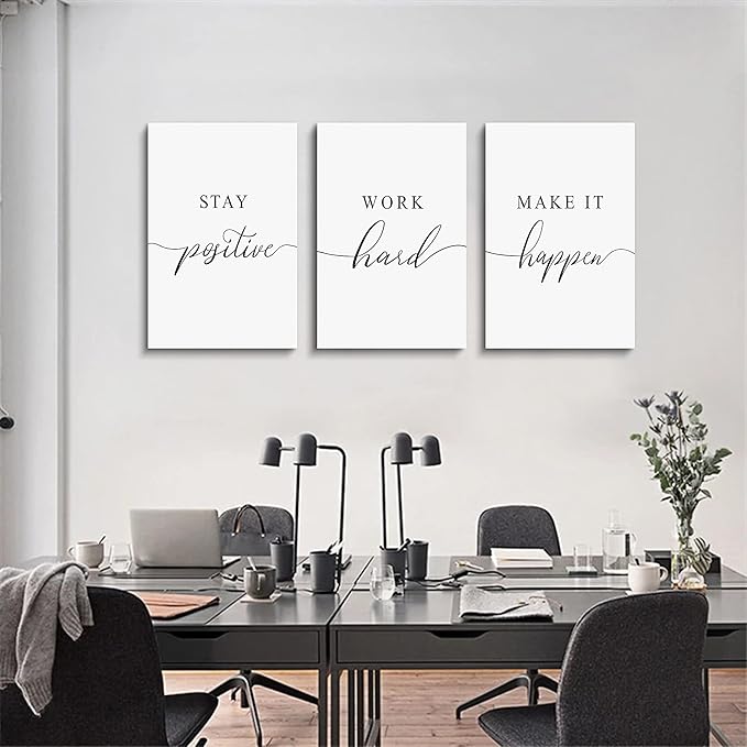 Framed Canvas Wall Art Work Quote, Office Wall Art Decor, Stay positive work hard make it happen, gift for father, boss gift, Inspirational Prints, Motivaional Wall Art (G-3pcs,16x24inchx3pcs)-FlexoryFit