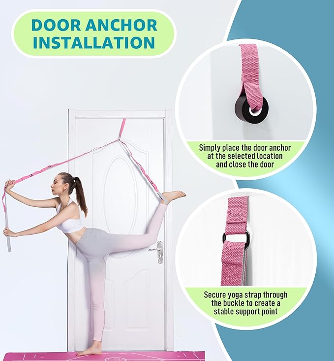 HiRui Stretching Strap Yoga Strap with Door Anchor, 14-Loops Non-Elastic Stretch Straps for Physical Therapy, Pilates, Dance, Gymnastics | Stretch Band with Workout Guide for Women & Men-FlexoryFit