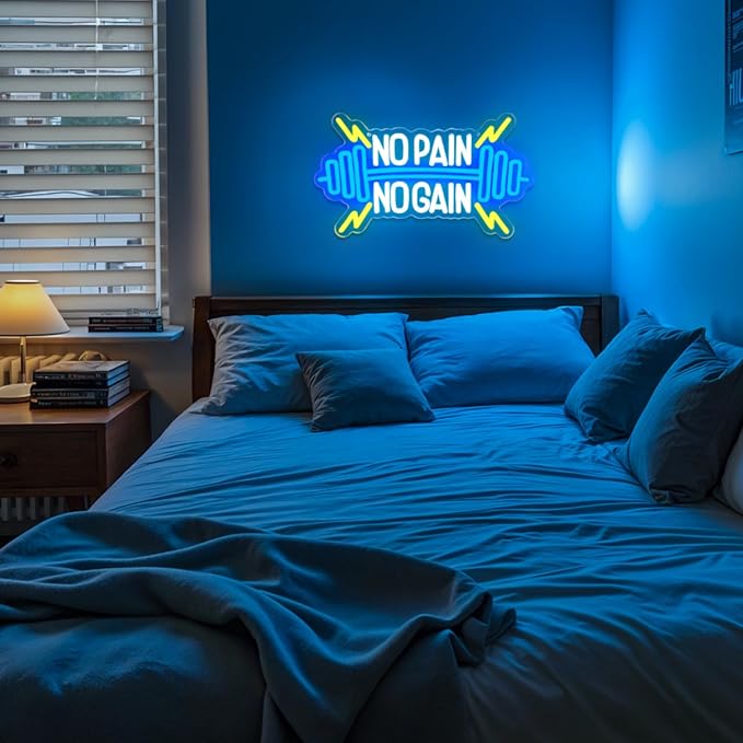 No Pain No Gain Neon Sign for Gym Wall Decor,Led Sign,Neon Lights for Bedroom,Motivational LED Light Up Sign for Home Fitness Room,Garage,Workout,Man Cave,Blue & Yellow Barbell Neon Light