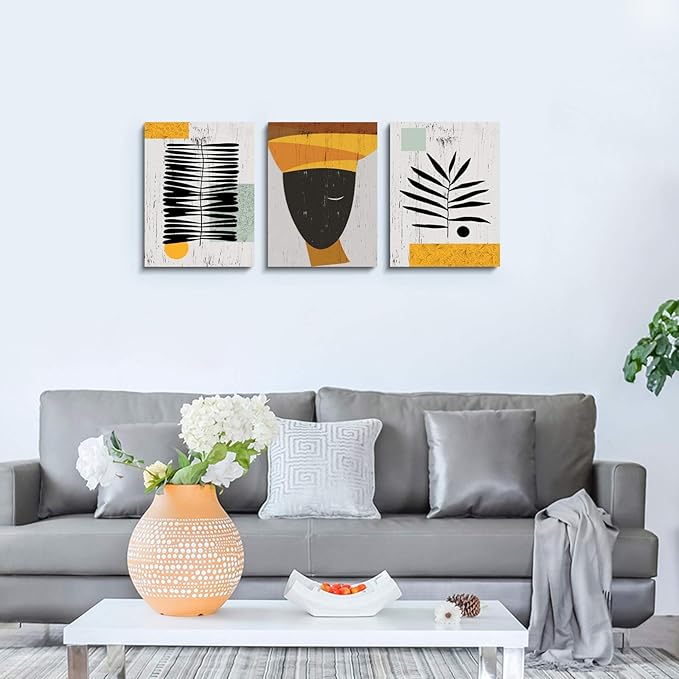 Framed Canvas Wall Art African Ethno Motive Wall Art Set, Abstract Ethno Art, African American Woman Portrait, Black Orange Print, Contemporary Collage, Minimalist (A-3pcs,12x16inchx3pcs)-FlexoryFit