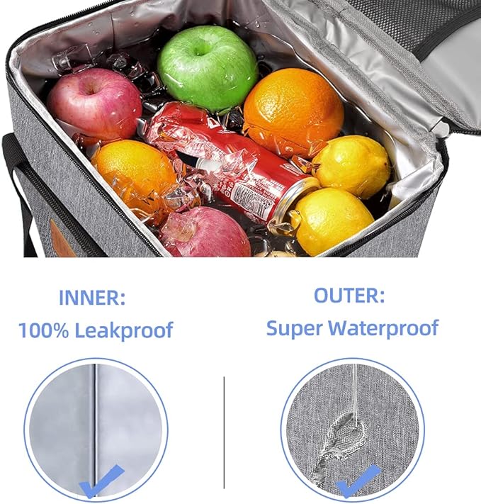 iknoe Thickened Lunch Bag - Soft Coolers Insulated, Leak Proof Tote with Zippered Top - Great for Work, Picnic, Beach - 18-Can Capacity, Grey-FlexoryFit