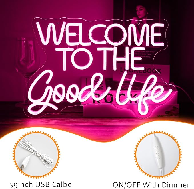 Welcome To The Good Life Neon Sign Letter LED Neon Lights Dimmable USB Powered 16.5’’X11’’Cool Wall Decorative Light Bedroom Kids Room Birthday Party Bar Decoration Gifts for Friend(Pink)