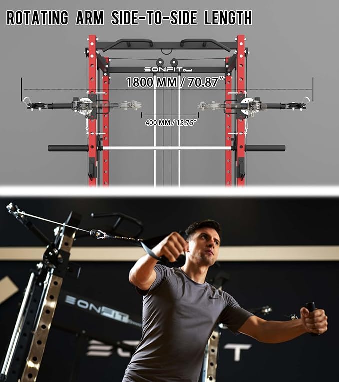 Eonfit E3 Smith Machine with 360°Rotating Arm for Home Gym Equipment, Multi-Function Power Cage Squat Rack with Cable Crossover LAT Pulldown Pulley System All in One-FlexoryFit