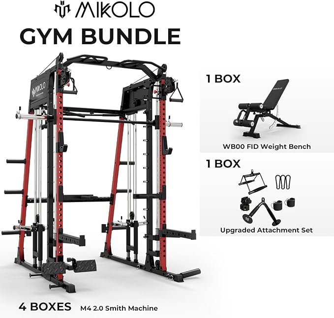 Mikolo Smith Machine, 2200lbs Squat Rack with LAT-Pull Down System & Cable Crossover Machine, Training Equipment with Leg Hold-Down Attachment-FlexoryFit