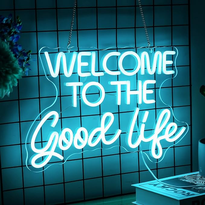Welcome To The Good Life Neon Sign Letter LED Neon Lights Dimmable USB Powered 16.5’’X11’’Cool Wall Decorative Light Bedroom Kids Room Birthday Party Bar Decoration Gifts for Friend(Ice blue)