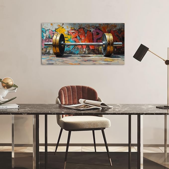 VANSEEING Graffiti Gym Wall Art Canvas Prints Barbell Weightlifting Fitness Picture Sport Motivational Artwork Oil Painting Wall decor for Workout Bedroom Fitness Boys Room 40x20 inch-FlexoryFit