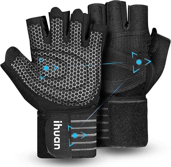 ihuan Ventilated Weight Lifting Gym Workout Gloves with Wrist Wrap Support for Men & Women, Full Palm Protection, for Weightlifting, Training, Fitness, Hanging, Pull ups-FlexoryFit