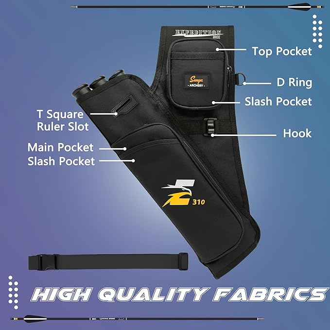 SUNYA Archery Hip Quiver for Arrows. Includes 3 Tubes Arrow Holder, Accessories Pockets and Waist Belt. Fit for Compound and Recurve Bow Practice.