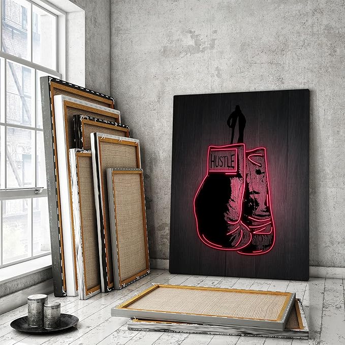 Boxing Gloves Neon Canvas Print Motivational Canvas Print Wall Art Office Decor, Entrepreneur Motivation, Hustle Artwork, Boxing Neon Print, Fighter Gym Sign, Hustler Art Neon Sign (40" x 30")