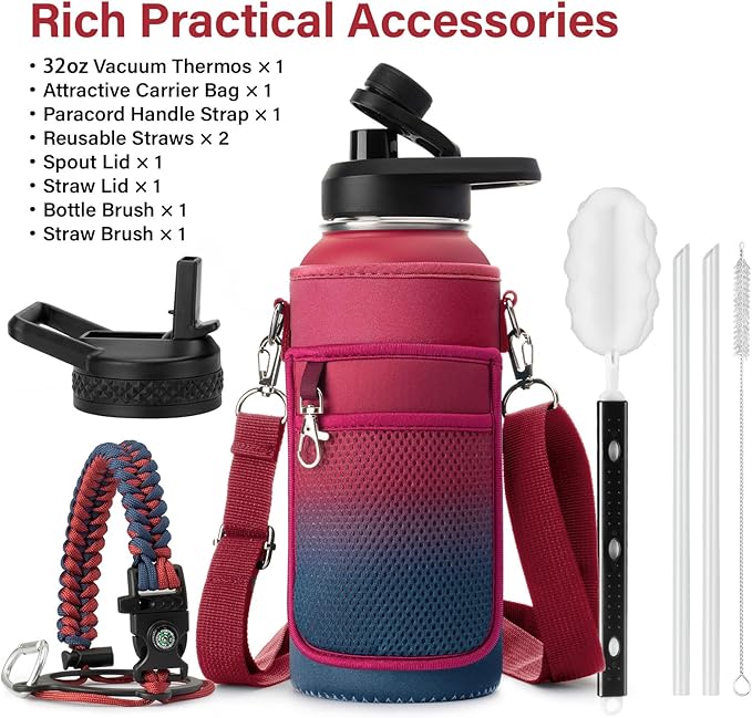 Insulated Water Bottle | Thickened Stainless Steel Vacuum Metal | Portable Sports Water Jug for Gym and Hiking with Straw, Carrier Bag, Handle Strap | BPA-Free 32 oz-FlexoryFit