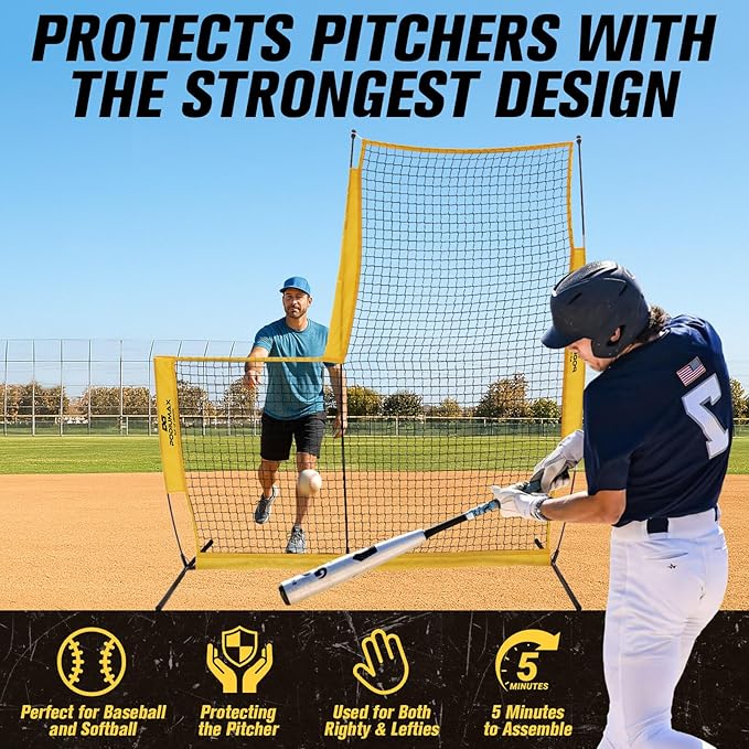 PodiuMax Baseball Softball Pitching Screen, 7x7FT Pitcher Protection Net with Upgrade Frame, Baseball Batting Pitching Net for Backyard Field Outdoor, Line Drive Protective L-Screen with Carry Bag