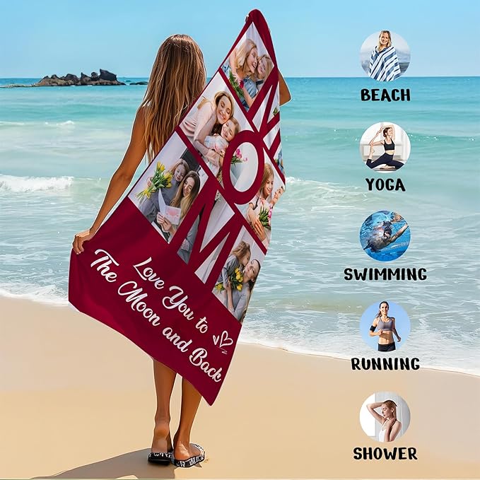 JML Mothers Day Birthday Gifts for Mom from Daughter Son, Personalized Beach Towel with Photo, Custom Beach Towel Gift for Mommy, Grandma, Women, Wife Anniversary Family Day, Summer, Holiday-FlexoryFit