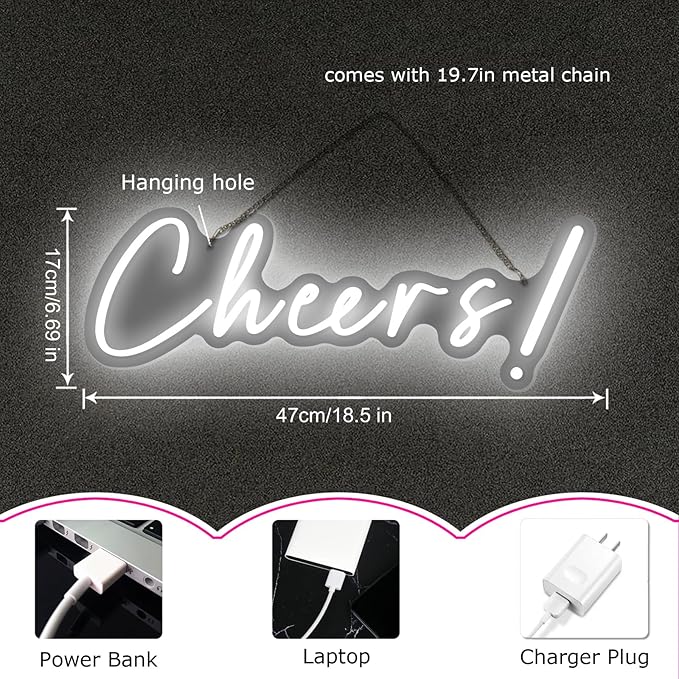 Cheers Neon Signs Cheer Sign for Bar Light Sign for Wall Decor USB Powered Neon Sign for Bar Club Gaming Room Home Birthday Party Decor Sign Gift White (18.5 * 6.69in)-FlexoryFit