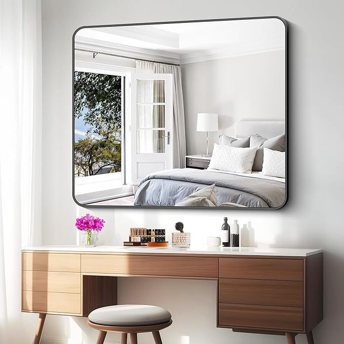 Black Bathroom Mirror,40x48 inch Wall Mirror for Bathroom Wall Mounted,Rectangle Mirror for Bathroom Over Sink,Modern Frame Round Corner for Living Room,Bedroom Entryway,Horizontal/Vertical-FlexoryFit