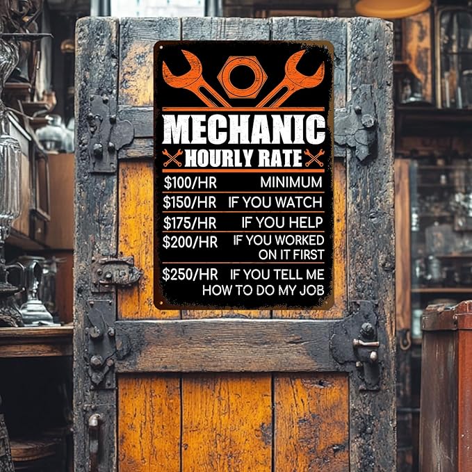 Mechanic Gifts for Men - Garage Metal Tin Signs Vintage Car Shop Accessories Decor Mechanic Hourly Rate Metal Sign 8x12 Inch-FlexoryFit