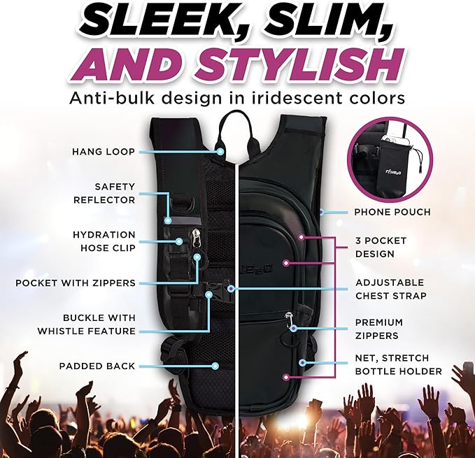 Rave Hydration Backpack โ Anti-Theft Festival Hydration Pack with 1.5L Leakproof TPU Bladder โ Slim, Insulated Water Pack with Secret Pockets & Breathable Back โ for Raves, Music Festivals, EDC