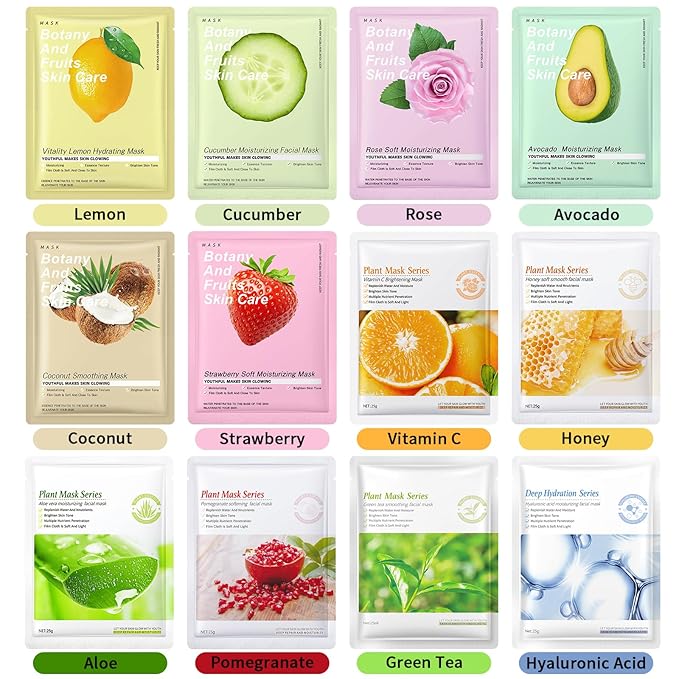12 Pack Face Masks Skincare, Hydrating Face Masks for Women Skin Care Sheet Face Mask for Kids Teens Girls, Face Sheet Mask for All Skin Types, Skincare Set Gift Spa Party Favors for Girls Teens Women-FlexoryFit