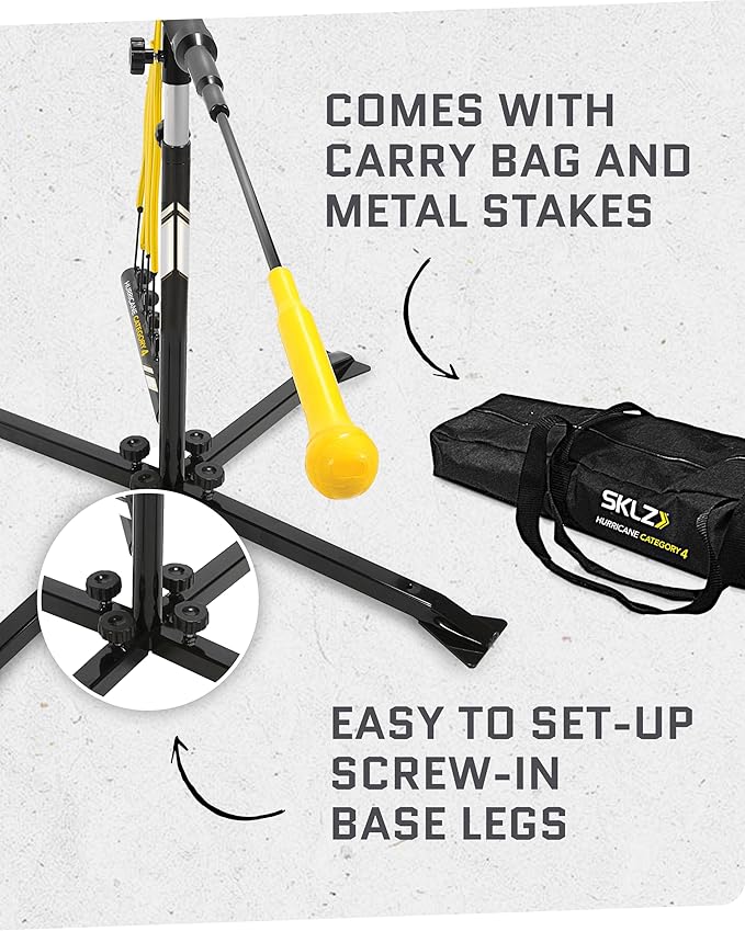 SKLZ Hurricane Batting Swing Trainer for Baseball & Softball - Durable Swing Arm - 4 Power Band System - High-Visibility, Anti-Dent Target Ball Head - Screw-in Base Legs, Metal Stakes & Carry Bag-FlexoryFit