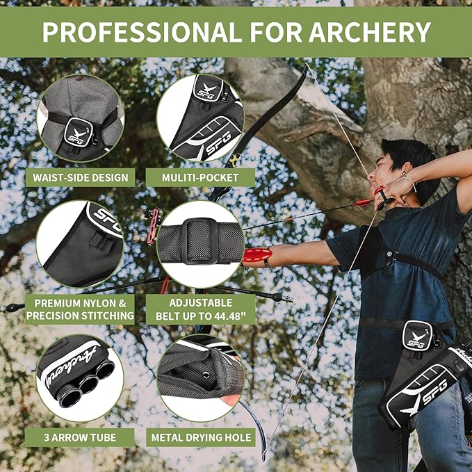 SPG Arrow Quiver Archery Hip Quiver, Durable Adjustable Waist Belt Three Arrows Tube for Arrow Storage Compound Bow Recurve Bow Accessories