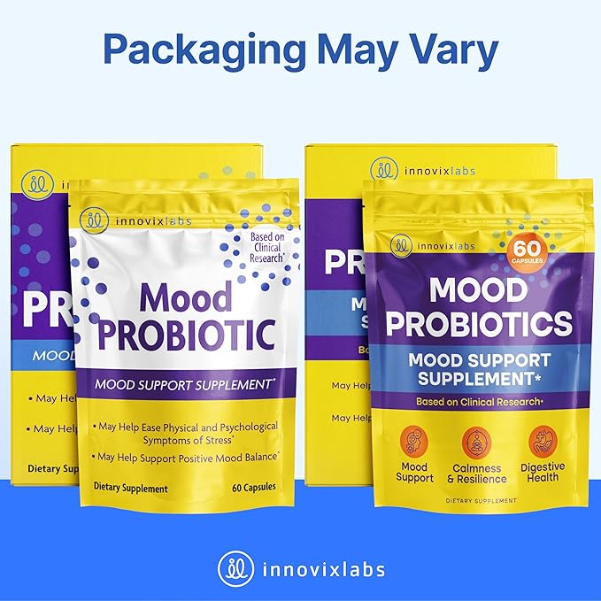 InnovixLabs Mood Probiotic for Women & Men, Clinically Studied Digestive & Mood Support Supplement, Lactobacillus helveticus Rosell-52ND & Bifidobacterium longum Rosell-175, 60 Capsules-FlexoryFit