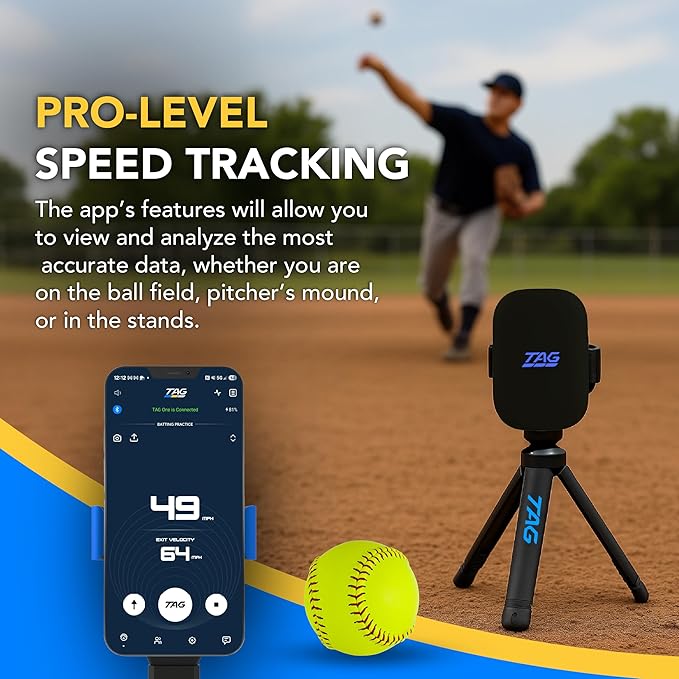 TAG One Sports Radar (120 Ft Range) – AI-Powered Radar Speed Gun with Real-Time Coaching Feedback – Bluetooth Speed Training Device for Baseball, Softball & Golf with App Integration