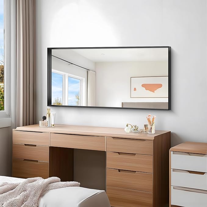 Black Bathroom Mirror, 24x48 Inch Rectangular Framed Mirror, Large Wall Mounted Bathroom Vanity Mirror Over Sink for Bedroom,Restroom, Living Room, Hangs Vertically or Horizontally-FlexoryFit