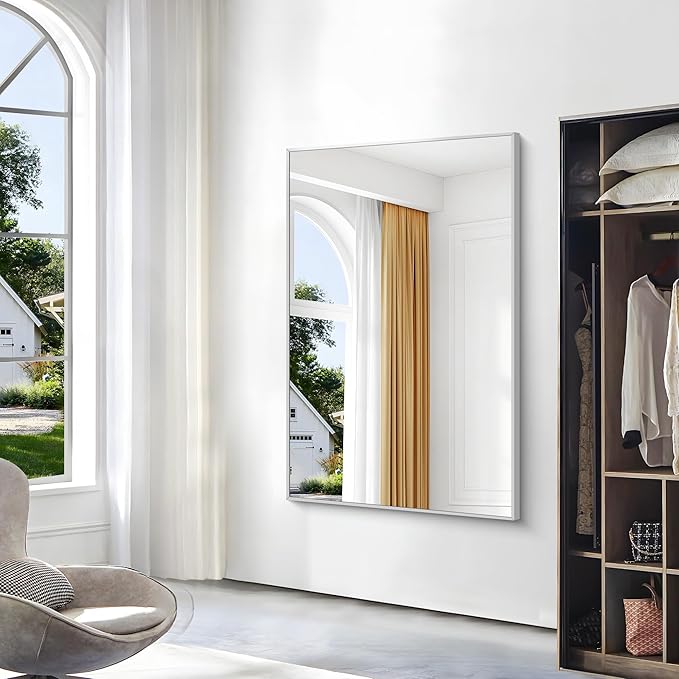 Silver Bathroom Mirror,55x36 inch Wall Mirror for Bathroom Wall Mounted,Large Rectangle Mirror for Bathroom Over Sink,Modern Metal Frame for Living Room,Bedroom Entryway,Horizontal/Vertical