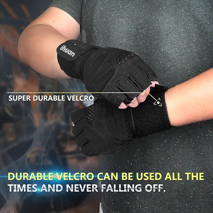 ihuan Ventilated Weight Lifting Gym Workout Gloves with Wrist Wrap Support for Men & Women, Full Palm Protection, for Weightlifting, Training, Fitness, Hanging, Pull ups-FlexoryFit