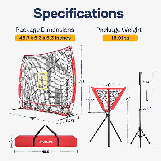 VIVOHOME Baseball Softball Hitting Net with Large Ball Collection System, 7 x 7 ft Baseball Batting Pitching Net with Tee, 2 Strike Zone, Carry Bag