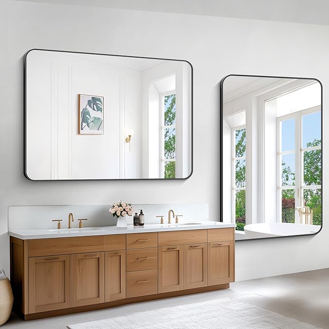 Black Bathroom Mirror,60x40 inch Wall Mirror for Bathroom Wall Mounted,Rectangle Mirror for Bathroom Over Sink,Modern Frame Round Corner for Living Room,Bedroom Entryway,Horizontal/Vertical-FlexoryFit